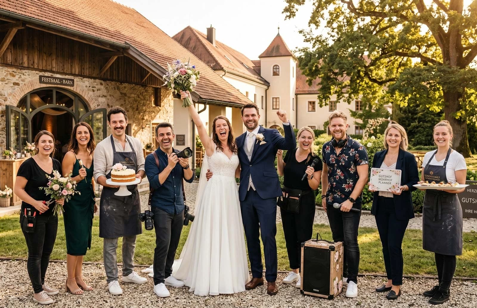 Brautpaar mit Hochzeitsdienstleistern